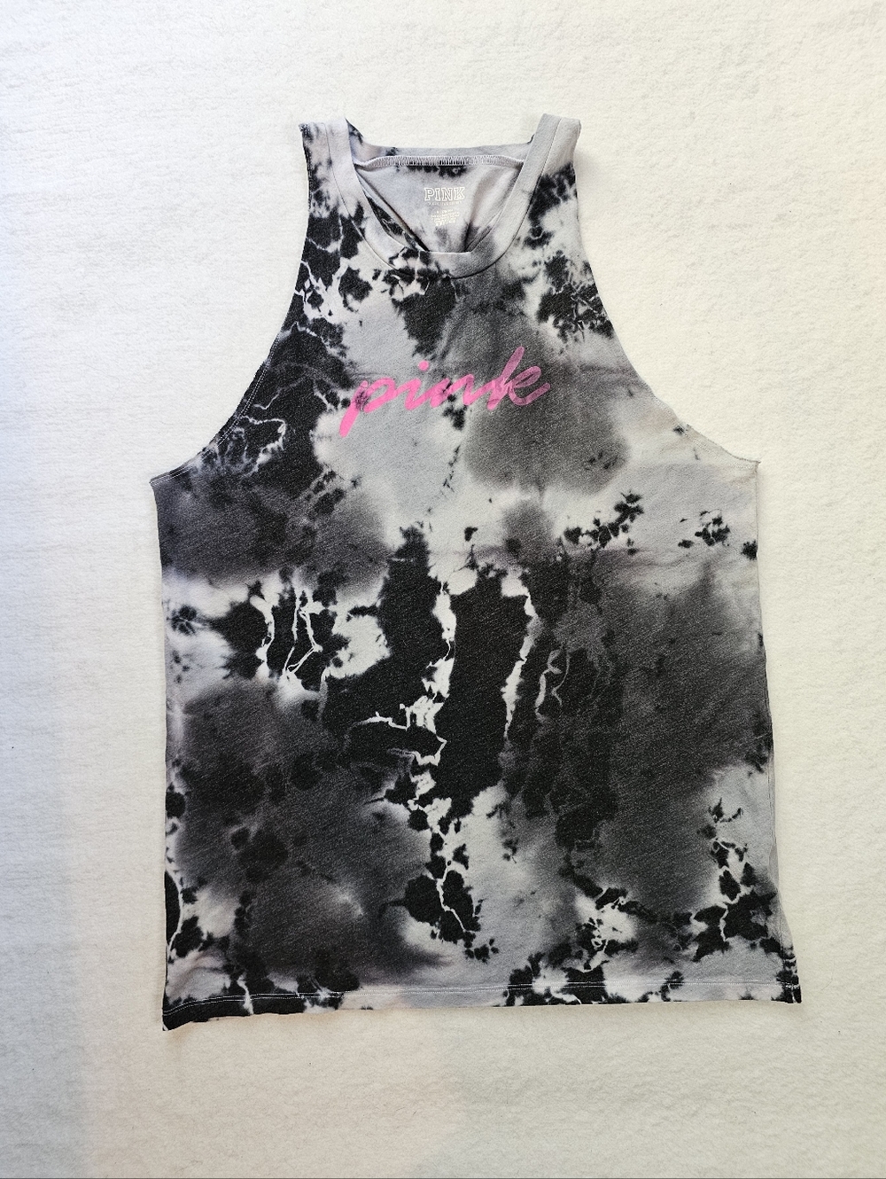 PINK Victoria's Secret Black & White Tie-Dye Tank with Hot Pink Script Medium